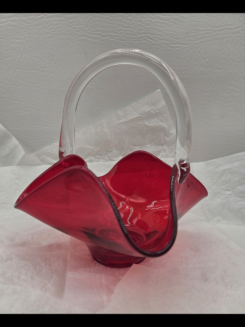 Vintage Ruby Red Art Glass Basket Handkerchief Design Applied Clear Handle 7".